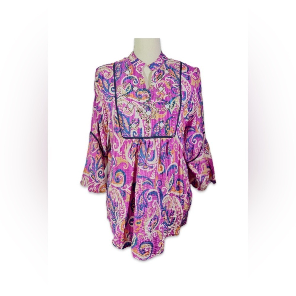 Ruby Rd. Pink and Purple Embellished Blouse Size Small Gold Metallic